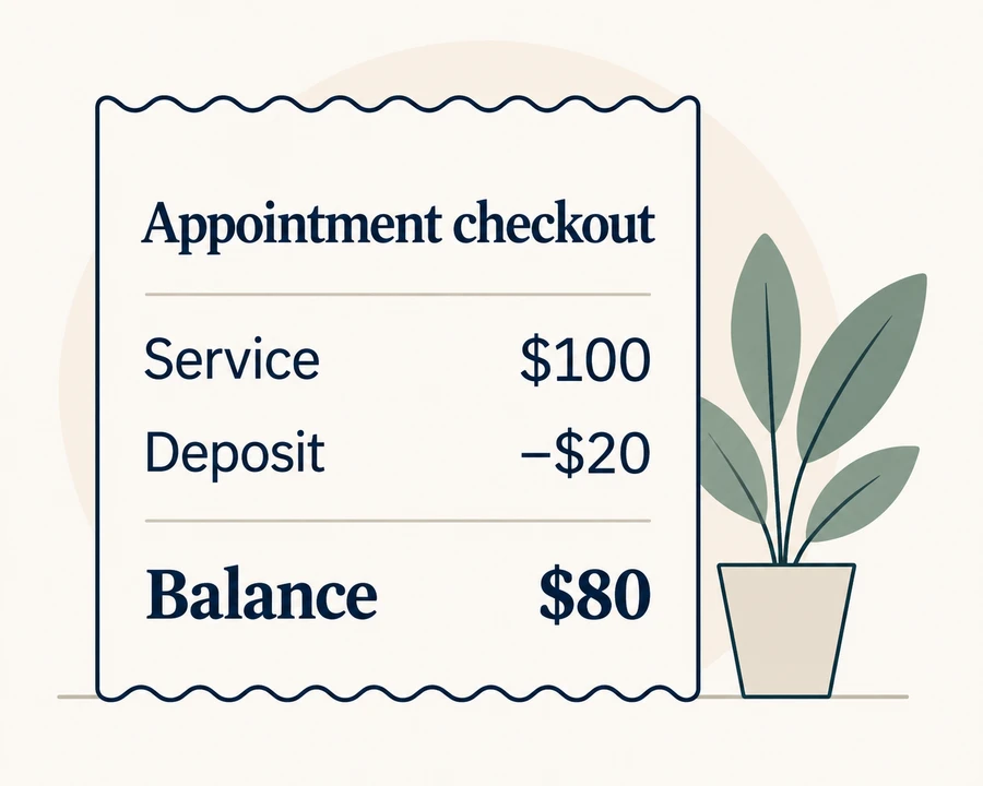 Illustrative checkout receipt: service $100, deposit minus $20, balance $80.
