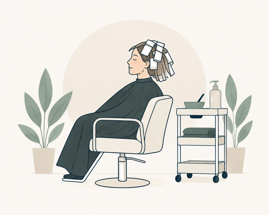 An adult client sits in a salon chair while hair color processes.