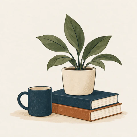 A potted plant, books and a mug beside the practical guides.