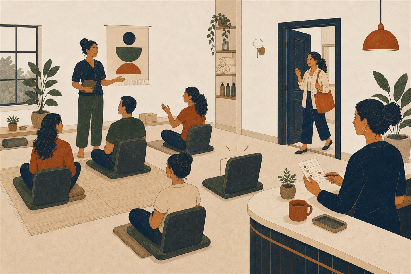 An adult studio class has a finite set of places, one newly empty place, a receptionist checking the attendee roster, and a waiting customer being invited through the door.