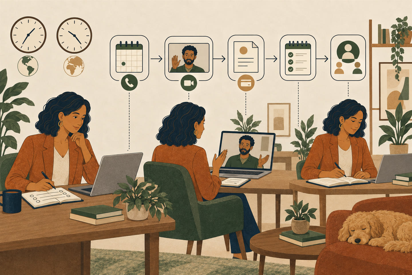 An adult consultant prepares a discovery call, holds a paid video session across time zones, and records a follow-up while calendar, meeting, invoice, and client handoffs remain connected.