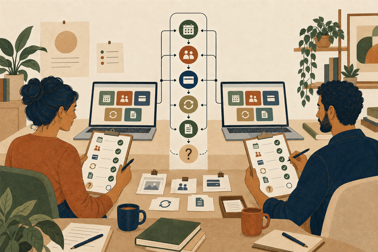 Two adult evaluators apply the same fictional booking workflow and matching checklist to two unbranded product stations while one unresolved result remains visibly separate.