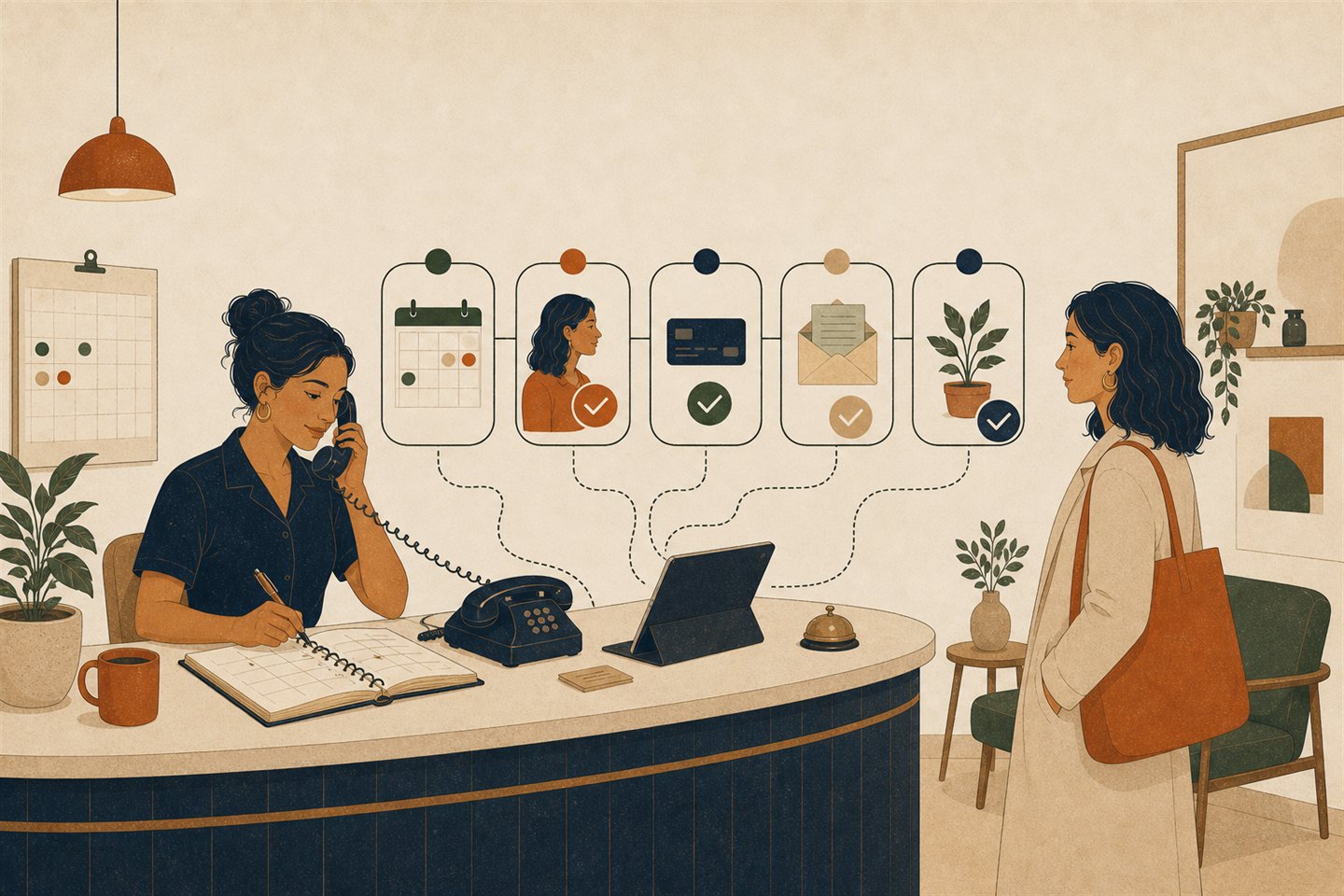 A service-business owner handles a phone request beside a paper appointment book and simple tablet while a walk-in customer waits; the request connects to availability, confirmation, payment, and follow-up steps.