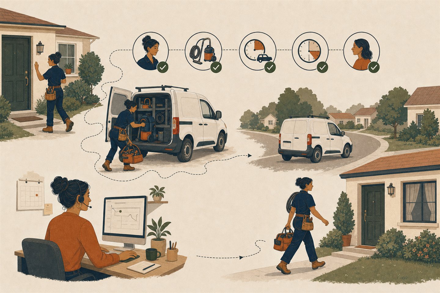 A mobile-service worker finishes one home visit, packs equipment into an unbranded vehicle, travels to another address, and approaches the next customer while a dispatcher monitors the day.