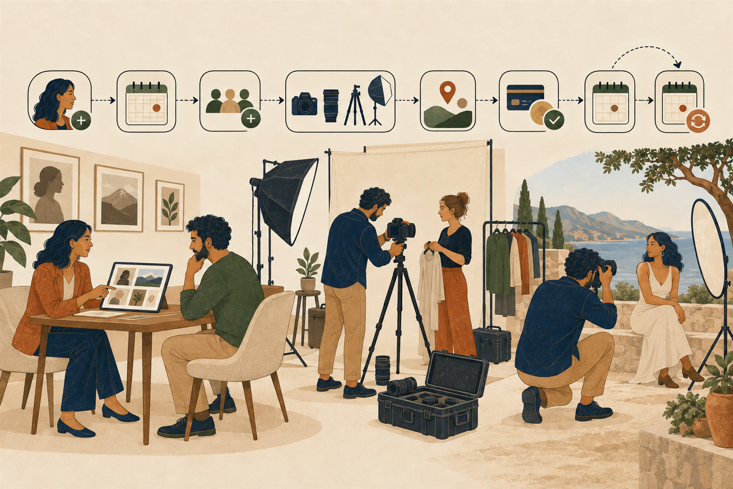 Adult photography clients and staff move from session planning through studio equipment preparation and an on-location shoot while a changed time remains linked to the same booking.