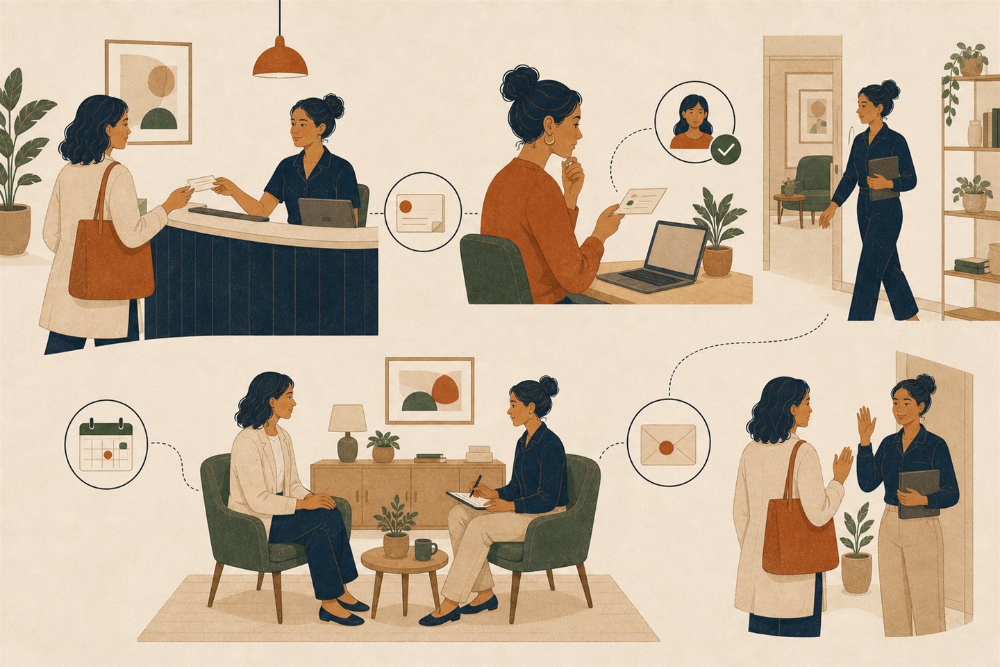 An adult client moves from reception and intake through a private professional meeting and a follow-up handoff, with the same request record connecting each stage.