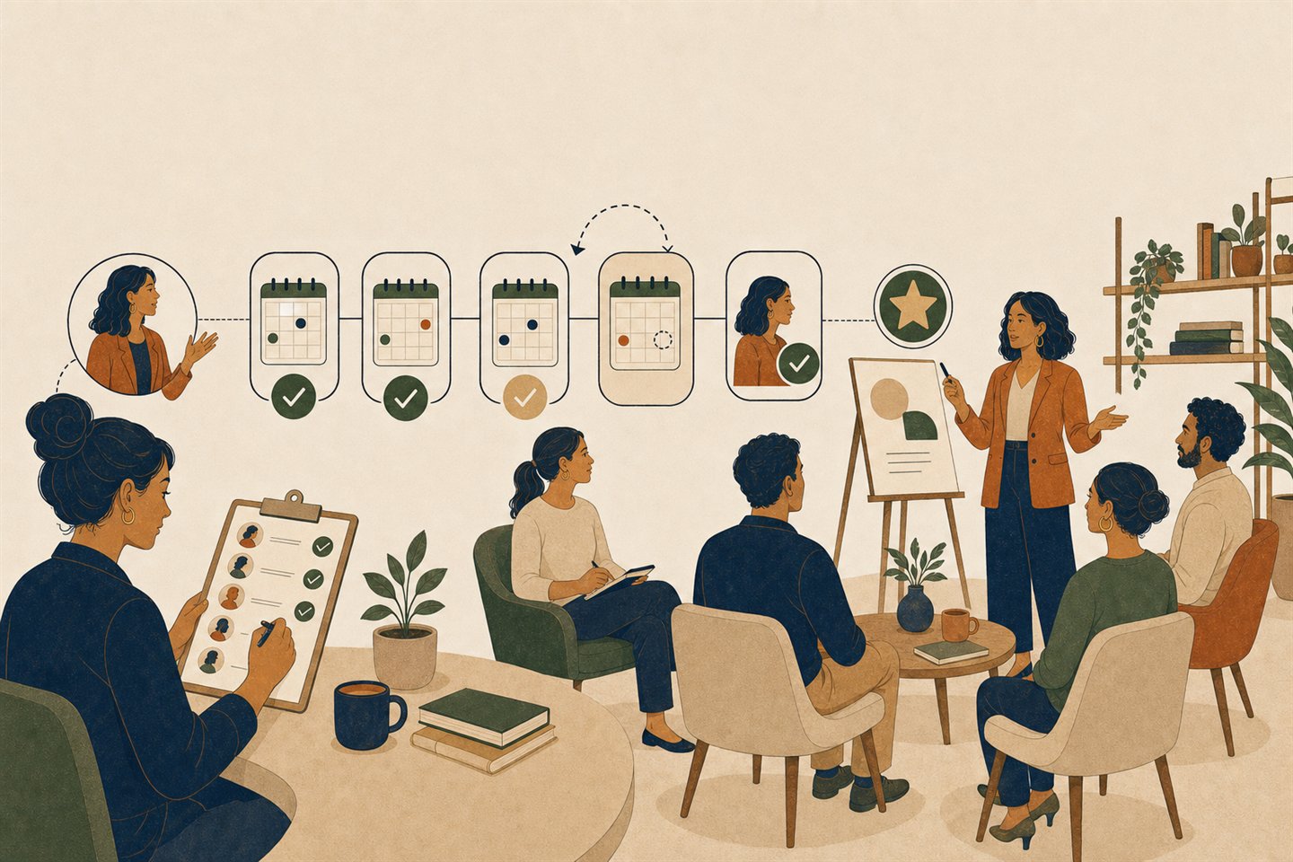 An adult facilitator leads a small recurring program while an administrator checks attendance and session records; one calendar occurrence moves but remains connected to the series and participant.