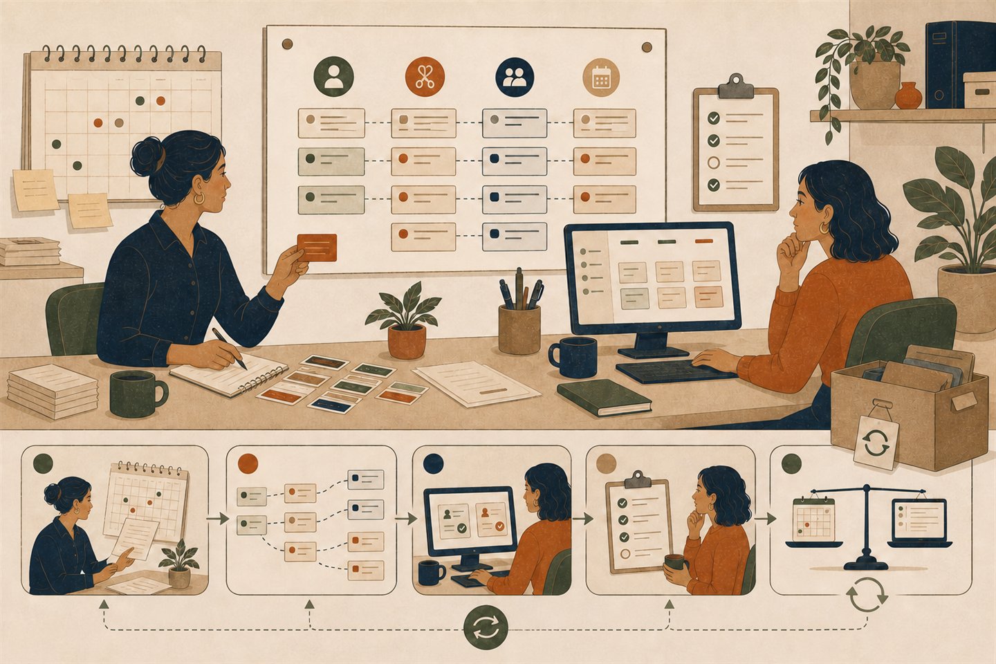Two adult operators map an old paper calendar and record cards into a configured system, test fictional records, compare both views with a checklist, and keep the previous process available during cutover.