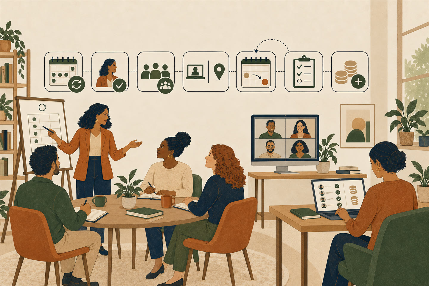 An adult tutor leads a small in-person learning group while an administrator checks attendance and session credits and a separate group joins remotely; a changed occurrence remains connected to the same recurring program.