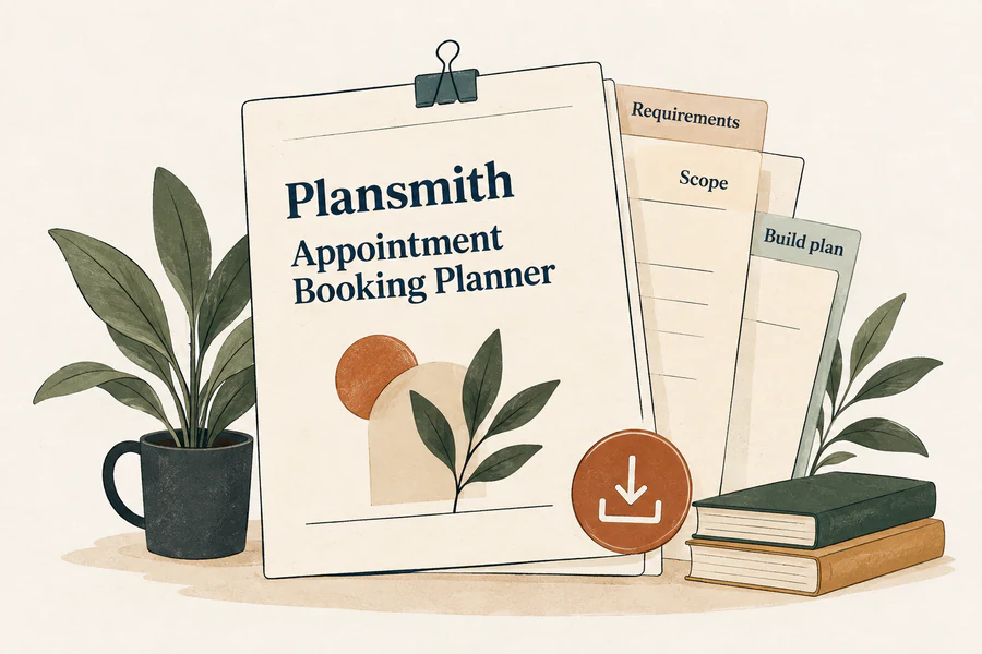 Illustration of the downloadable Plansmith Appointment Booking Planner, with requirements, scope and build-plan documents.