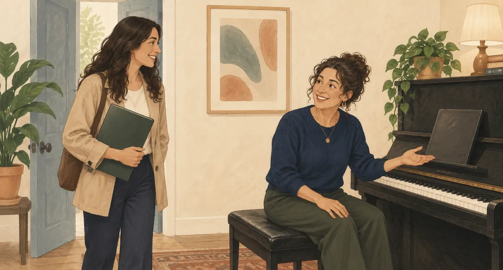 An adult piano student meets her teacher beside the piano for a scheduled lesson.