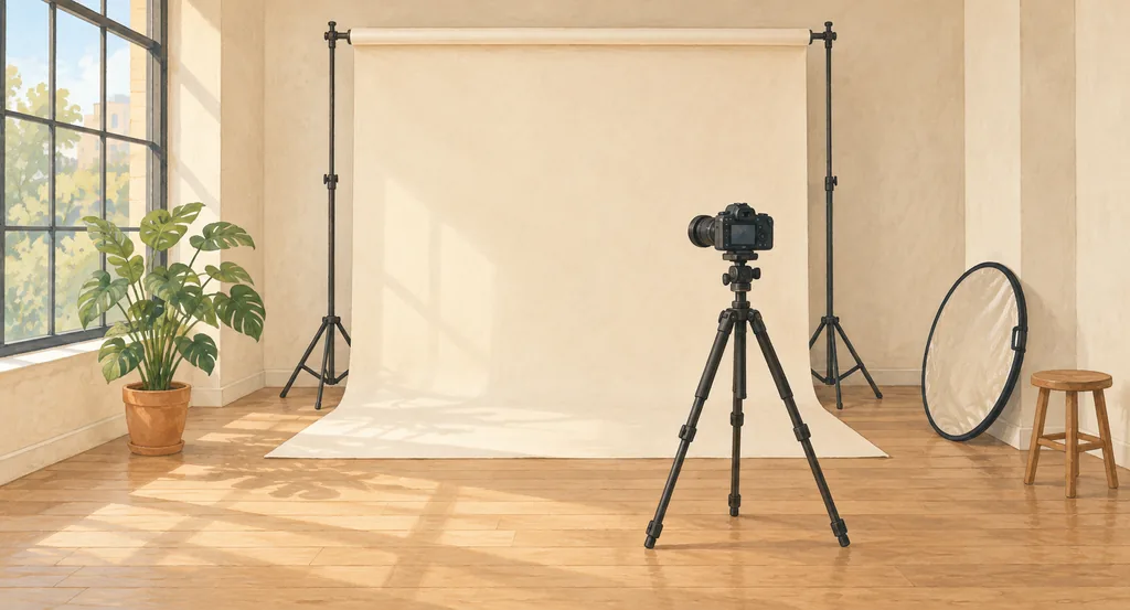 A photography studio with a camera, backdrop, reflector, and stool ready to be reserved.