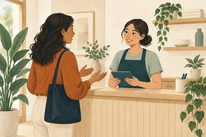A customer and receptionist discussing an appointment across the service desk.